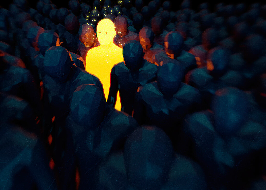 Bright glowing man standing out from the crowd, illustration