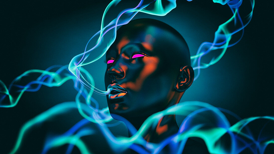 Swirling smoke from glowing mannequin head, illustration