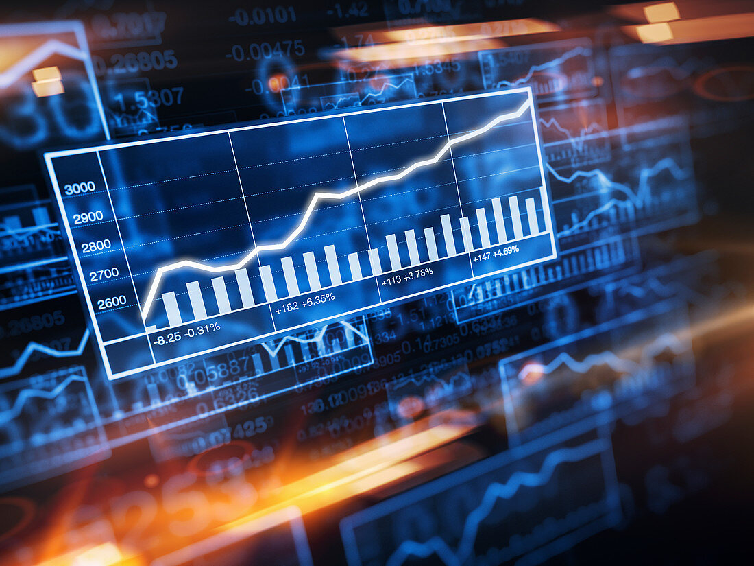 Increasing graph on stock market screen, illustration