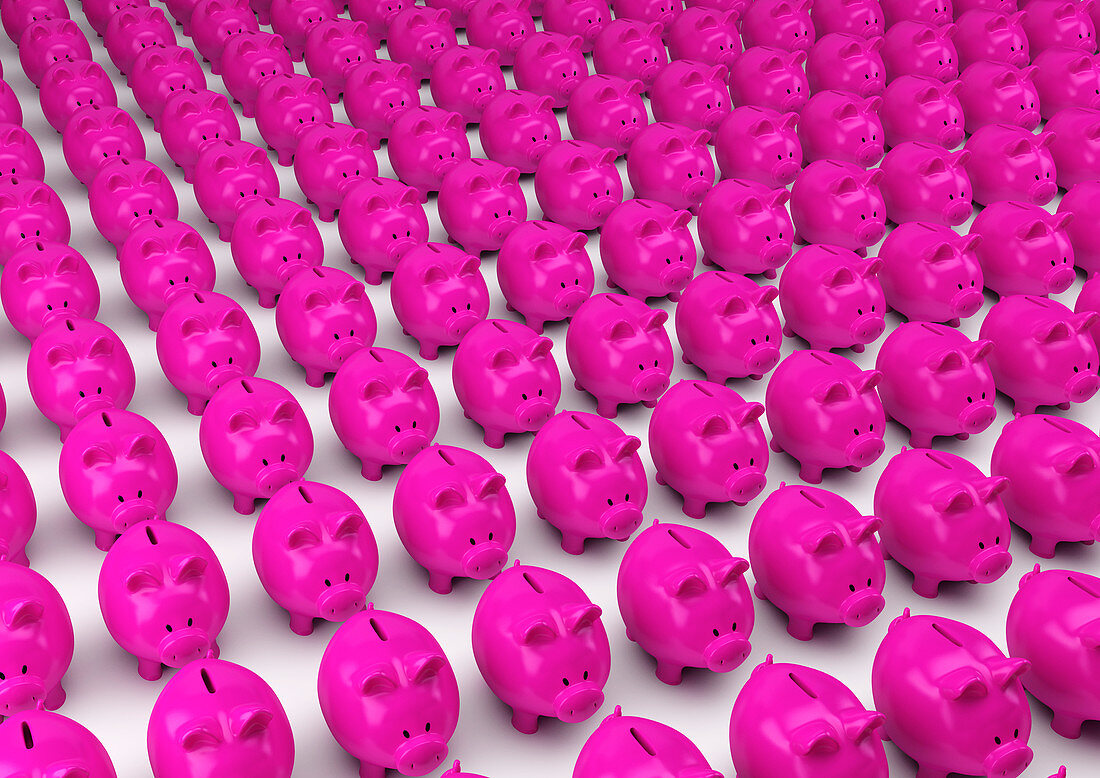 Large group of pink piggy banks in rows, illustration