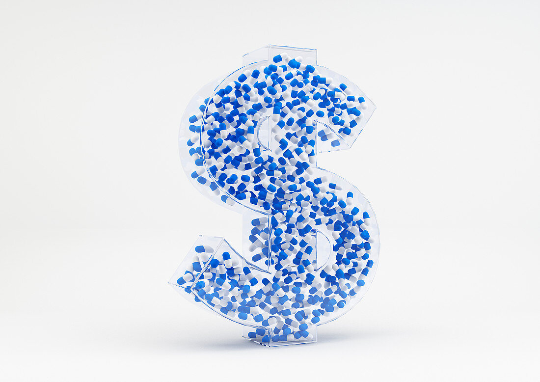 Cluster of capsules in 3d dollar sign, illustration