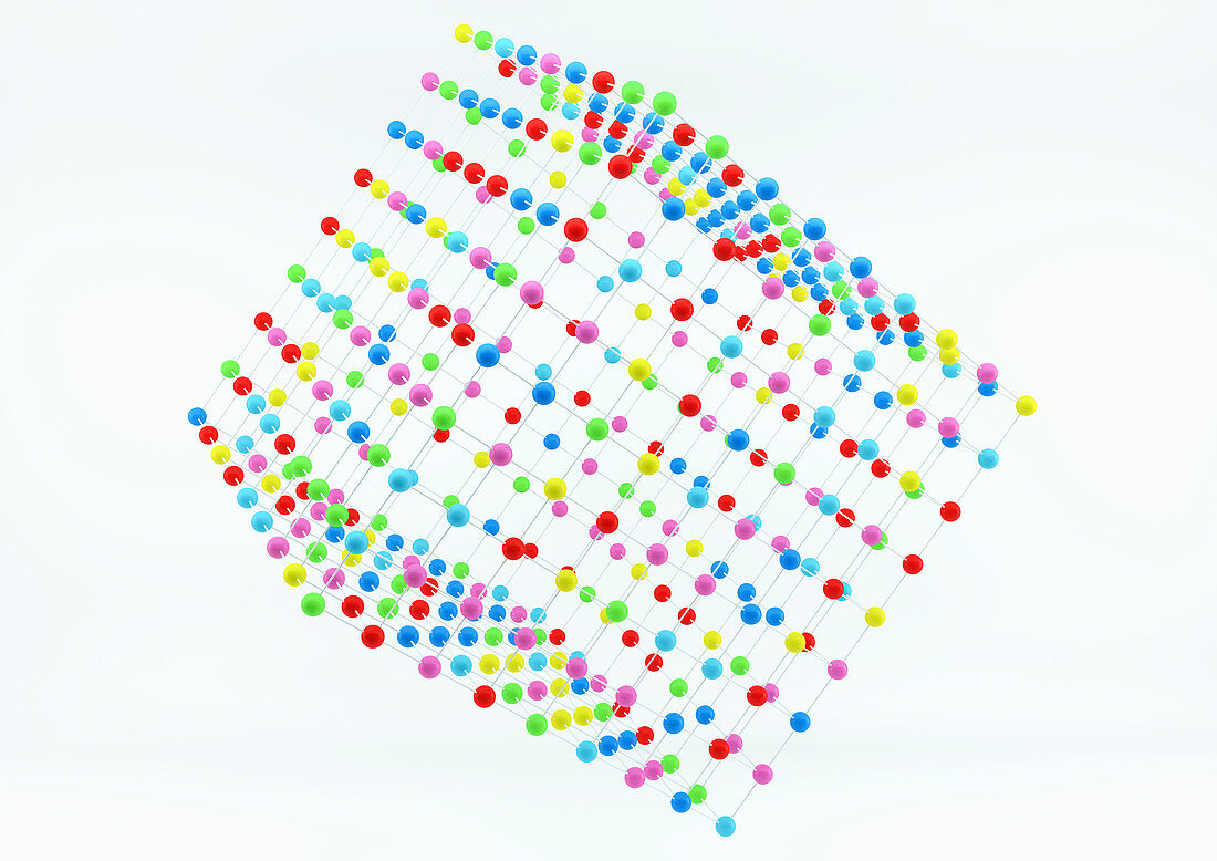 Grid arrangement of balls in cube shape, illustration