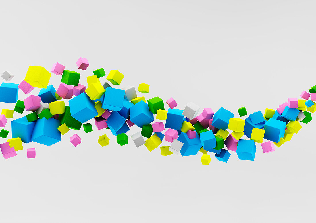 Floating wave of multicolour cubes, illustration