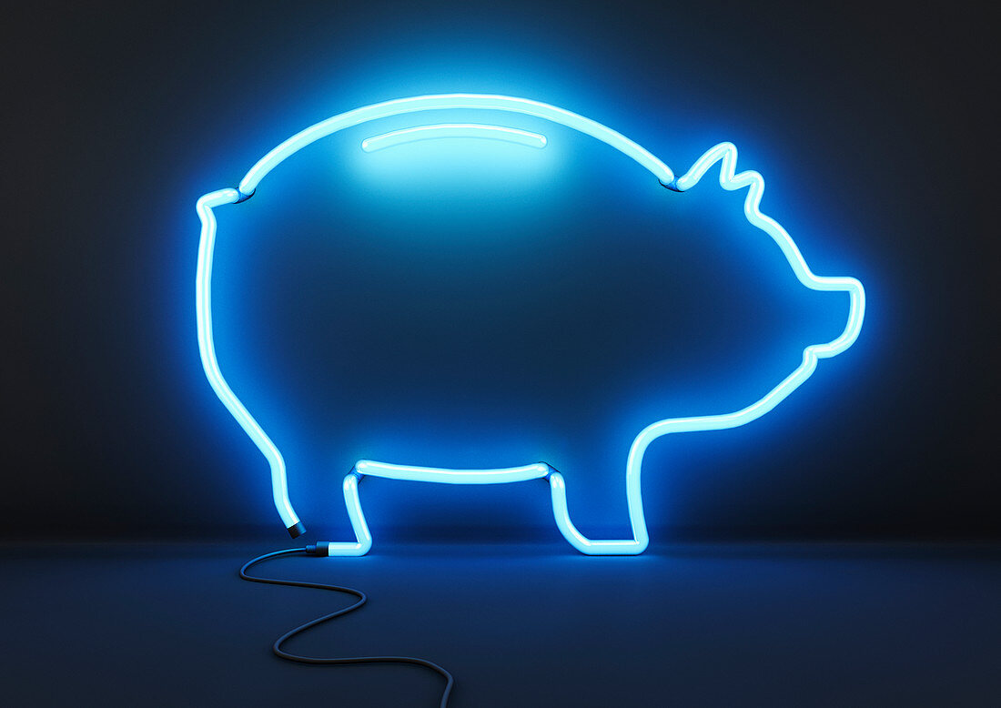 Neon blue piggy bank, illustration