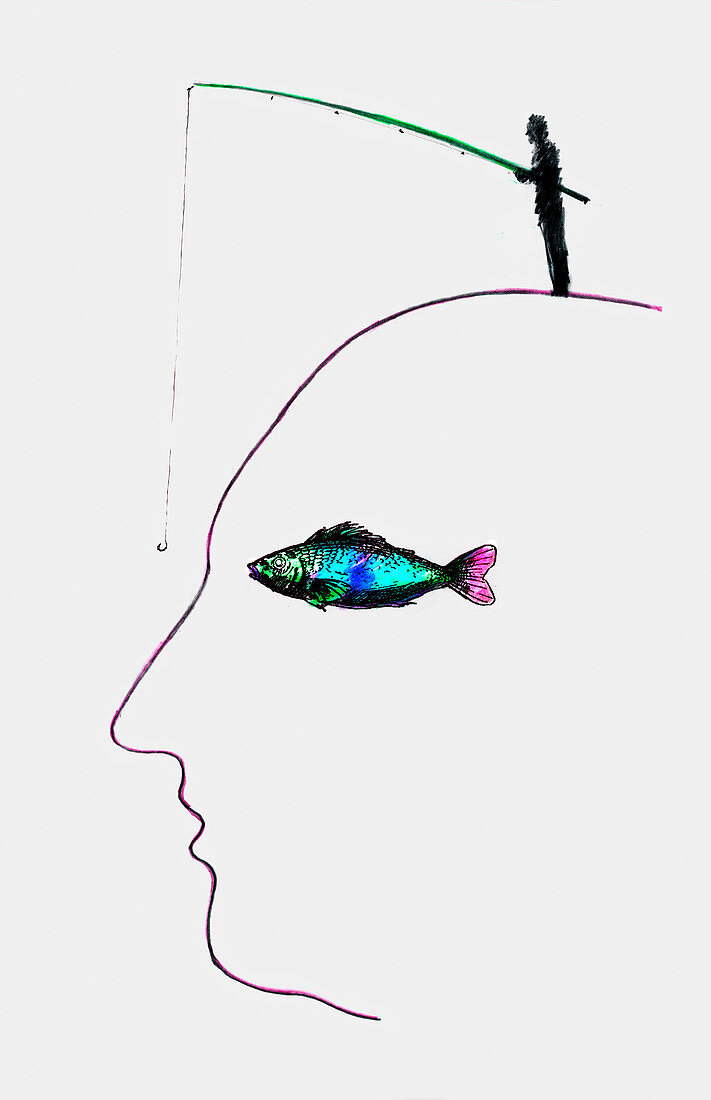 Man fishing on human face with fish eye, illustration