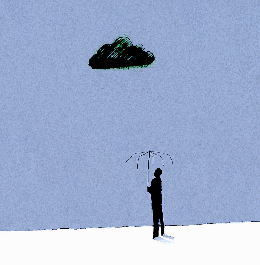 Man standing under broken umbrella, illustration