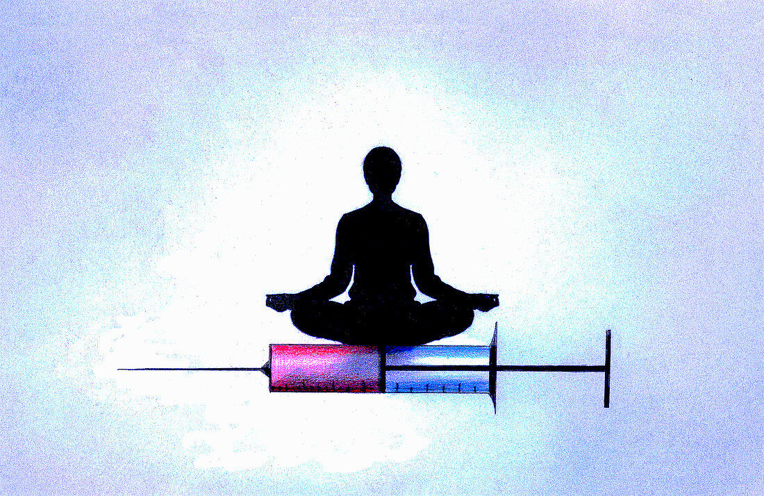 Woman in lotus position on hypodermic needle, illustration