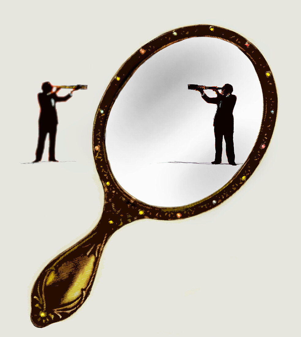 Reflection of businessman in hand mirror, illustration