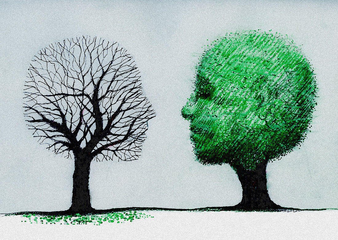 Faces forming dead tree and healthy tree, illustration