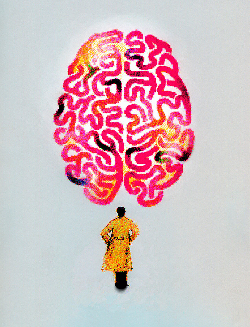 Man in trench coat looking up at large brain, illustration