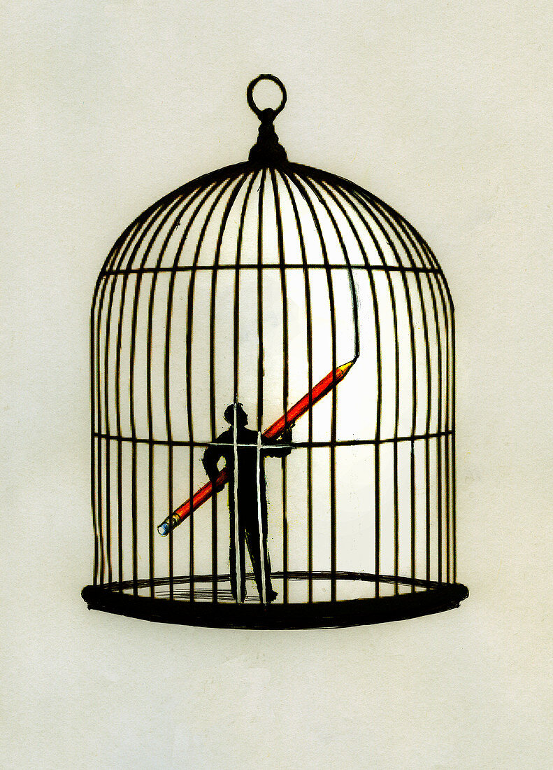Man inside of birdcage, illustration