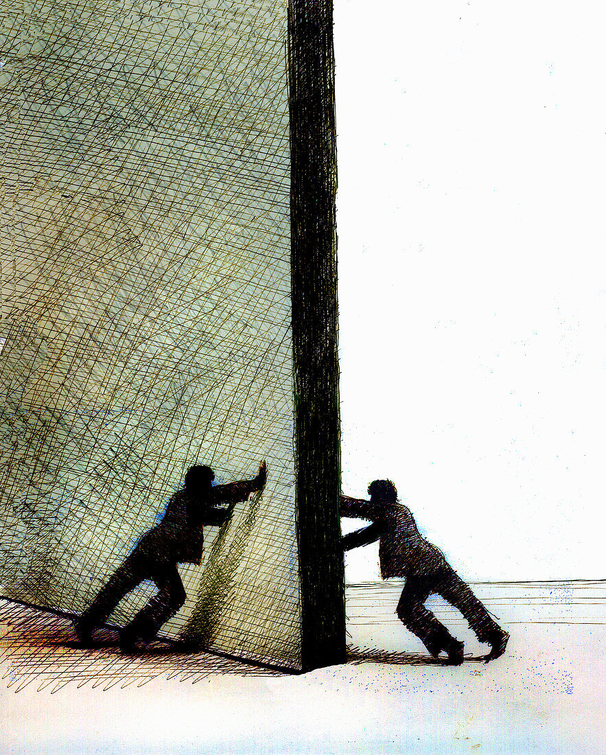 Men pushing against opposite sides of door, illustration