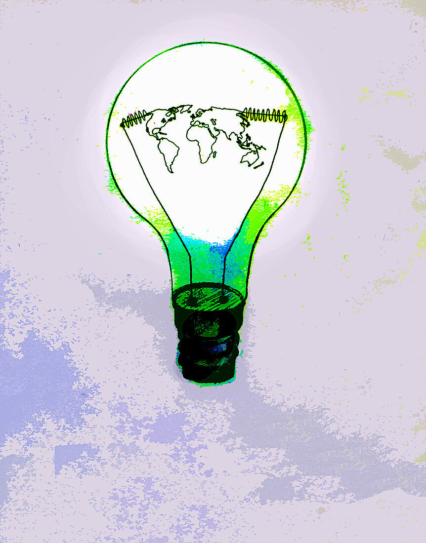Global map inside green light bulb, illustration