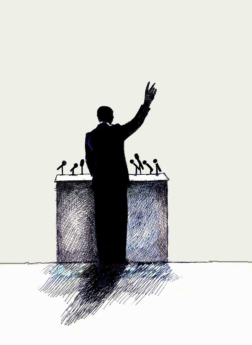 Rear view of man speaking from podium, illustration