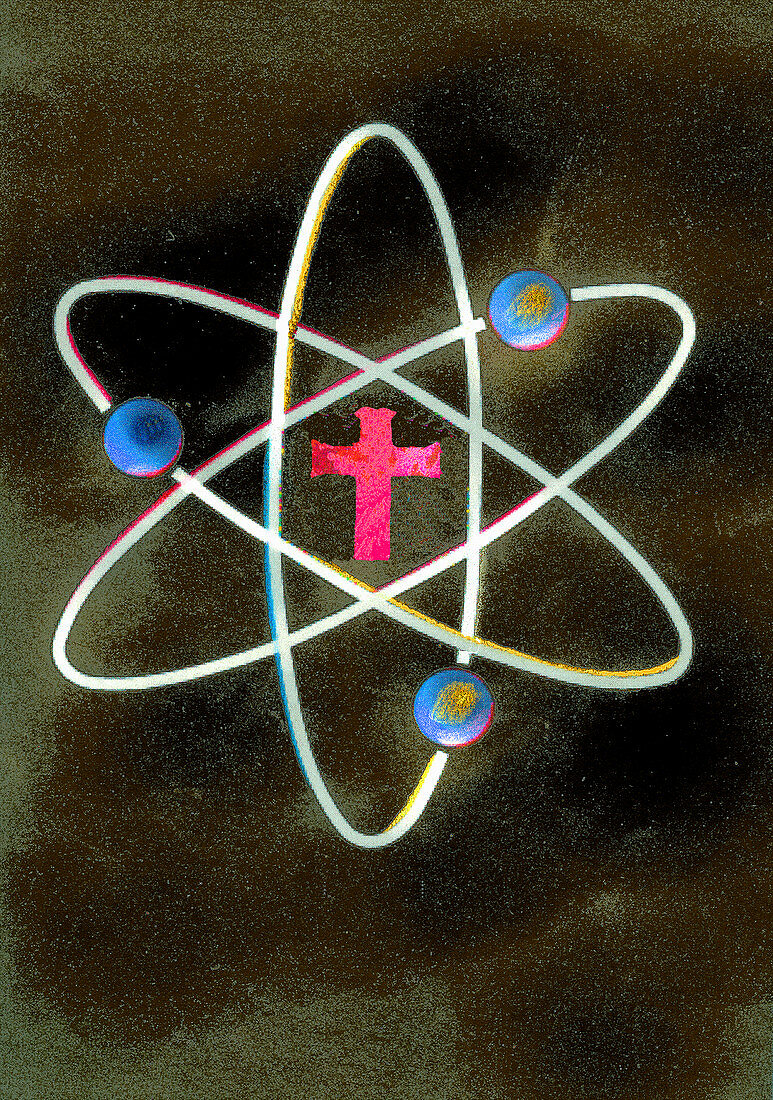 Cross at the centre of atom symbol, illustration