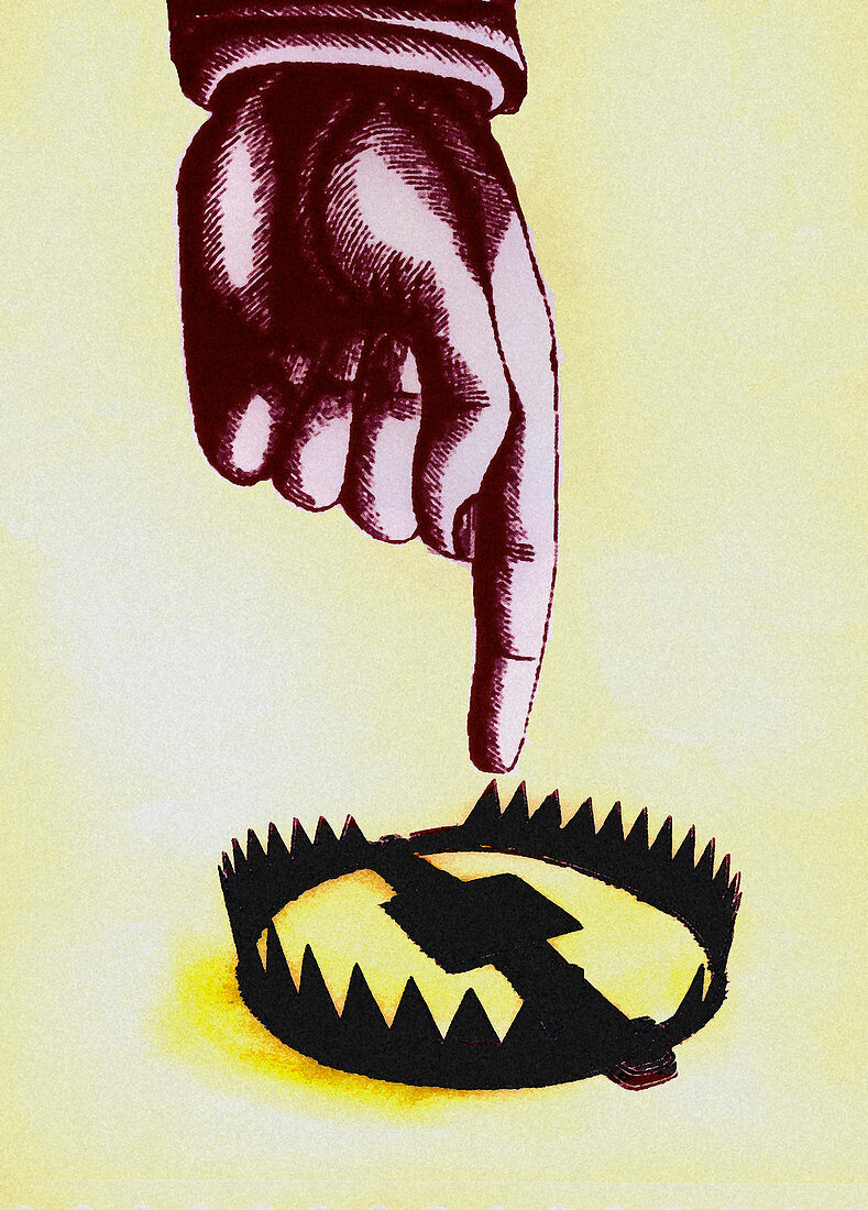 Finger pointing towards open trap, illustration