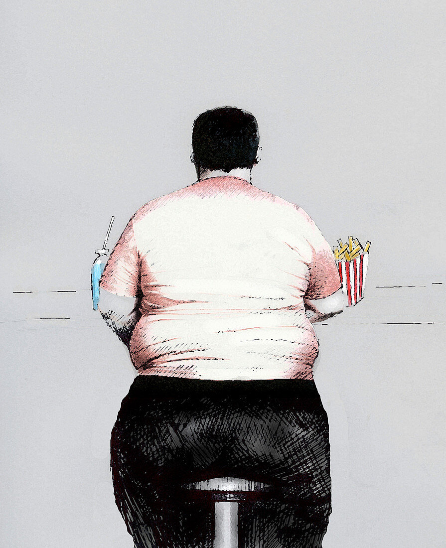 Obese man eating unhealthy food, illustration