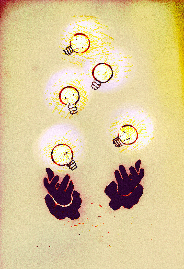 Hands juggling illuminated light bulbs, illustration