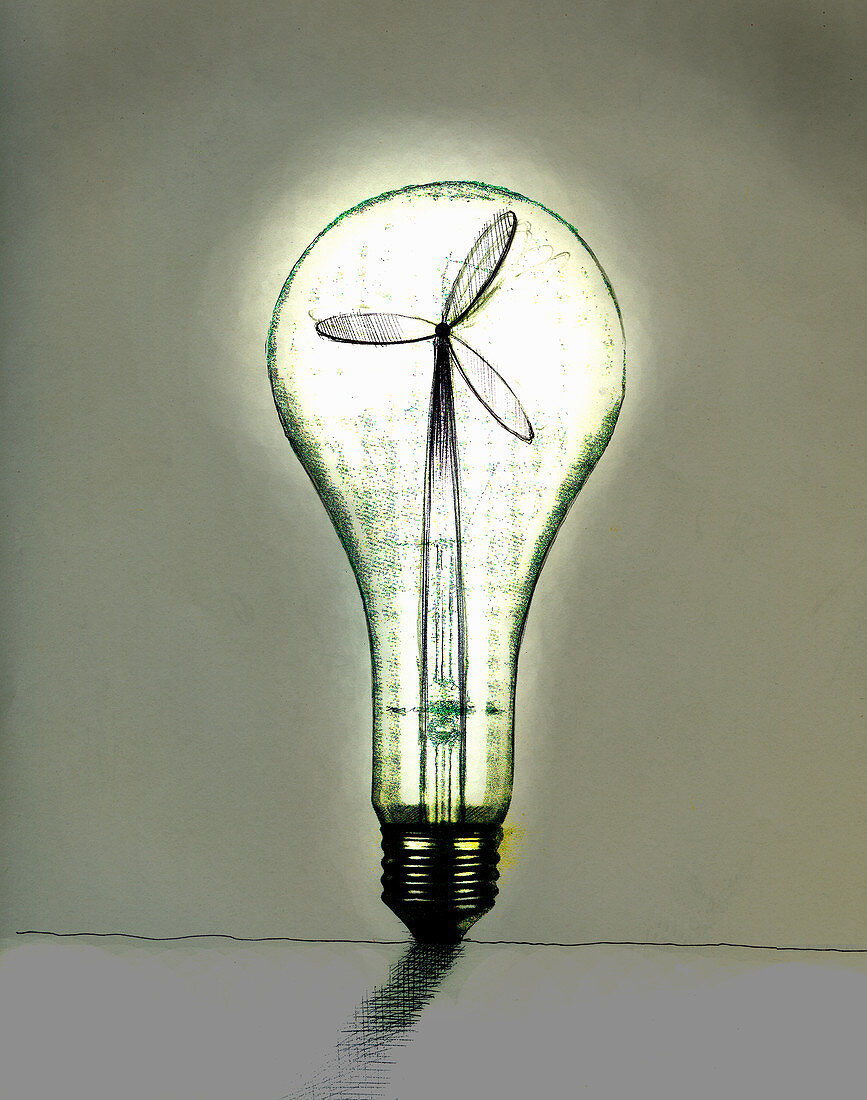 Wind turbine inside illuminated light bulb, illustration