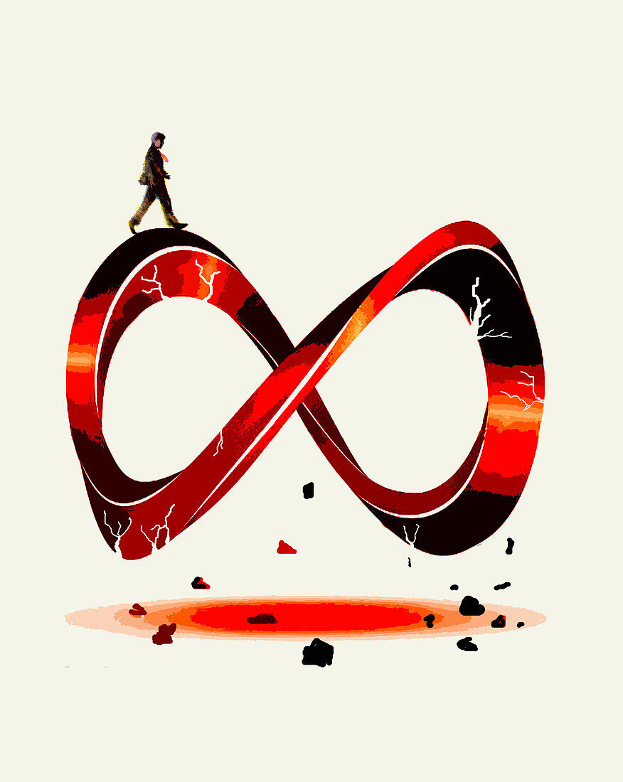 Man walking on crumbling infinity symbol, illustration