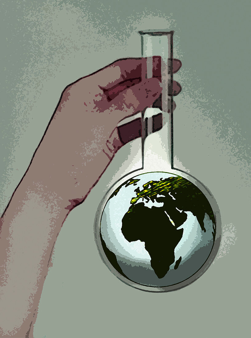 Hand holding beaker containing globe, illustration