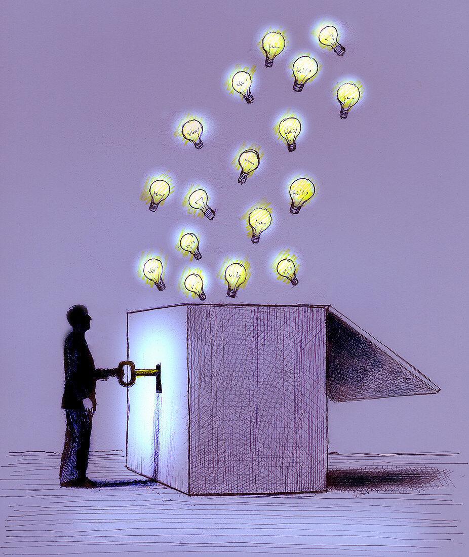 Man unlocking illuminated light bulbs from box, illustration