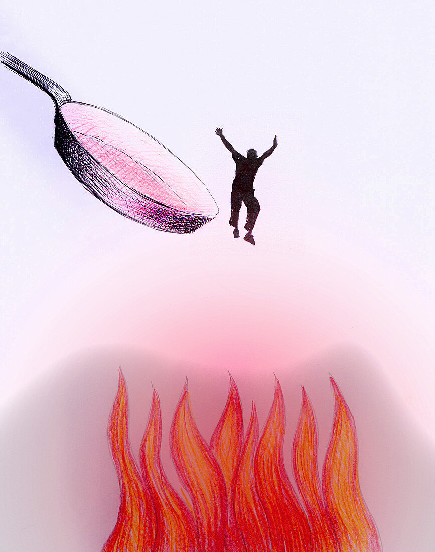 Man jumping out of the frying pan, illustration