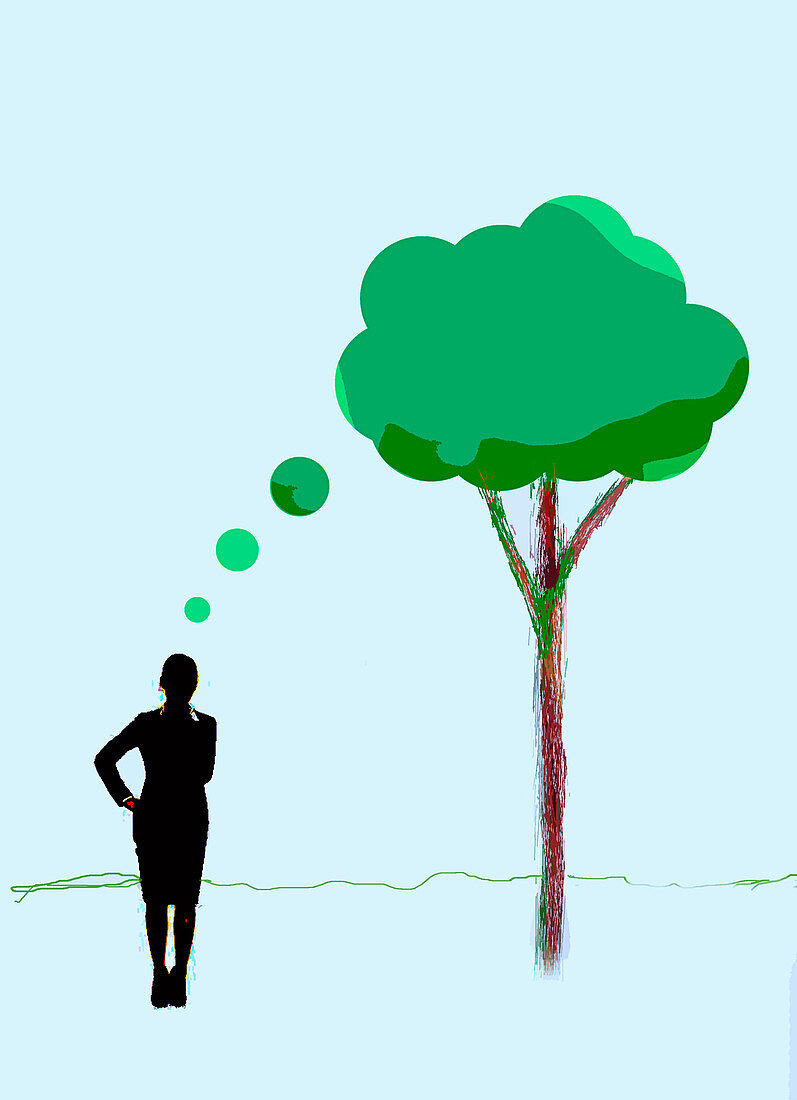 Businesswoman thinking of tree thought bubble, illustration