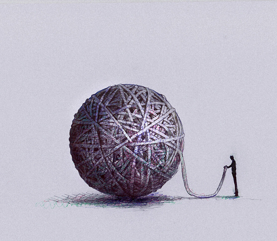 Man holding end of ball of string, illustration
