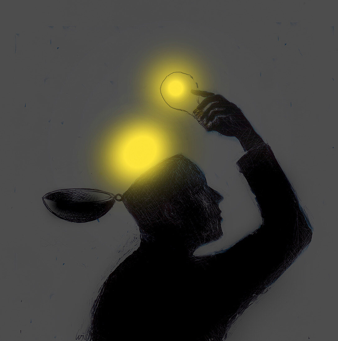 Man lifting glowing bulbs out of open head, illustration