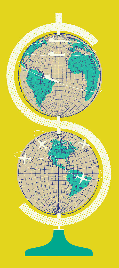Globes stacked to form dollar symbol, illustration