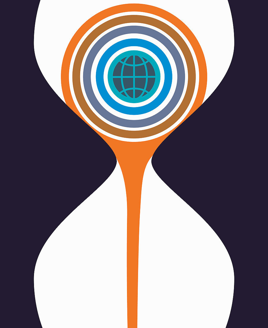 Globe pouring through hourglass, illustration