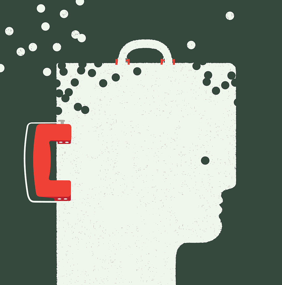 Briefcase in head shape with holes punched out, illustration