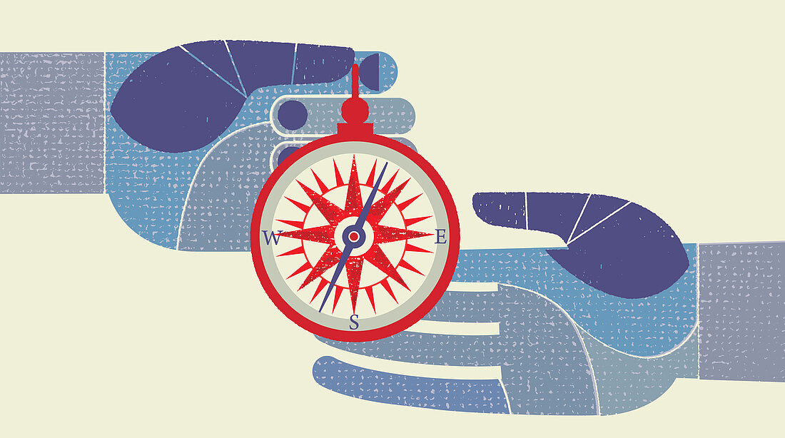 Hands exchanging compass, illustration