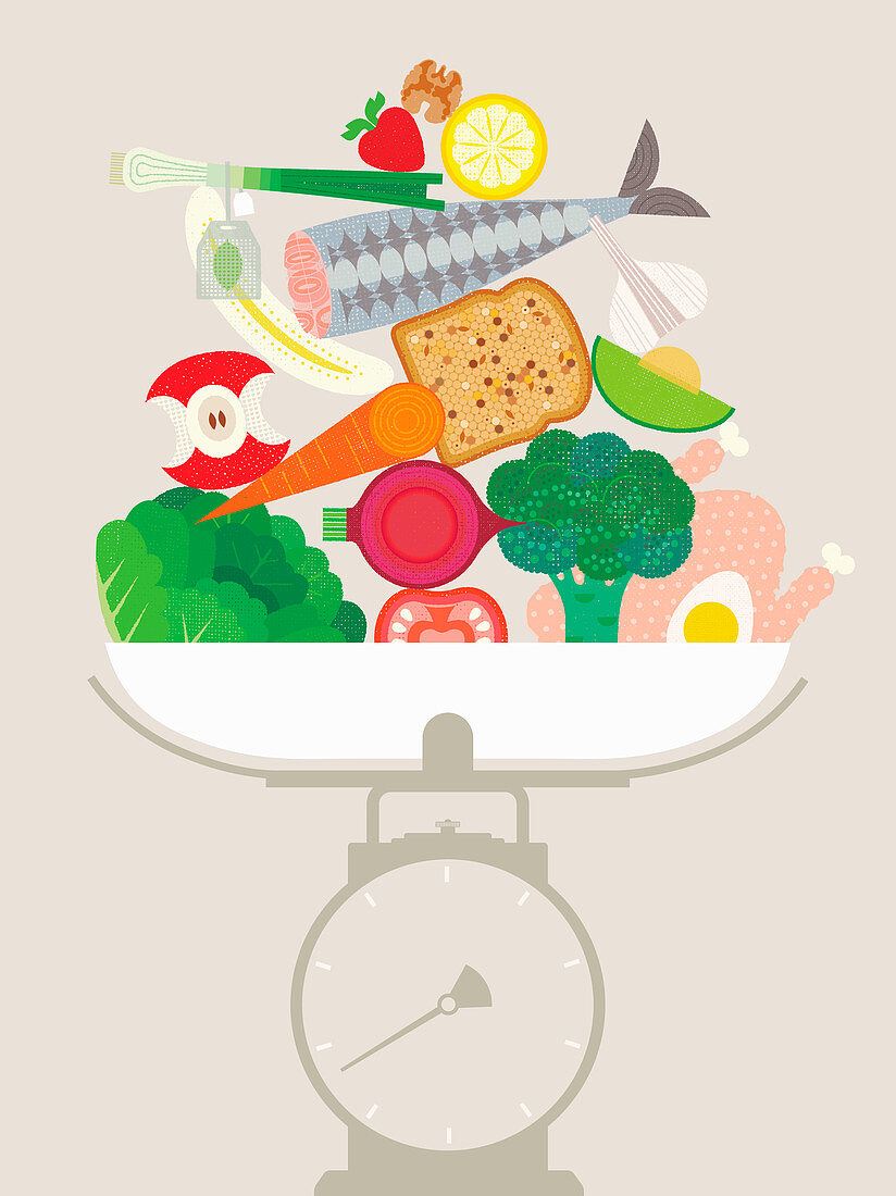 Pile of healthy food on weighing scales, illustration
