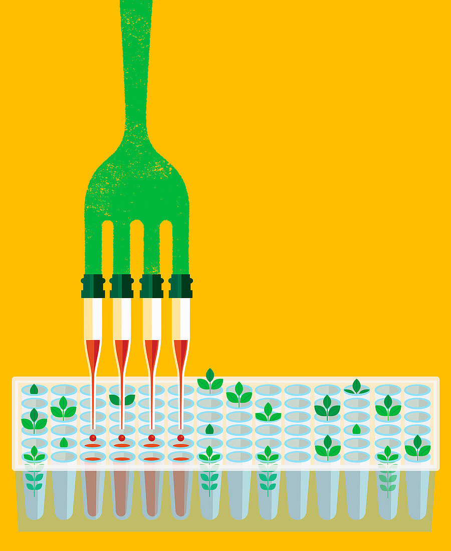 Fork with pipette prongs dripping chemical, illustration