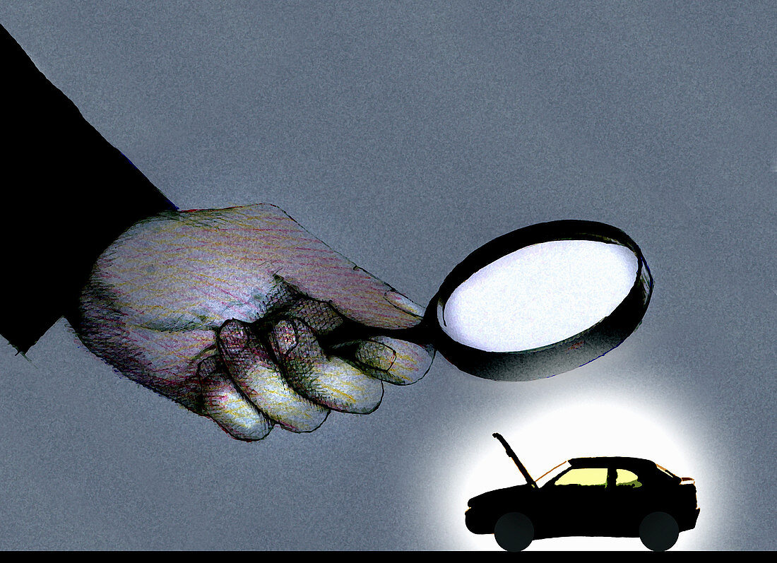Hand holding magnifying glass over car, illustration