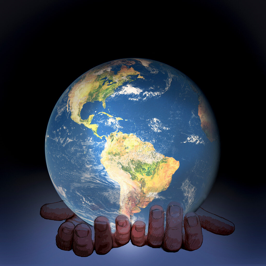 Hands holding glowing globe, illustration