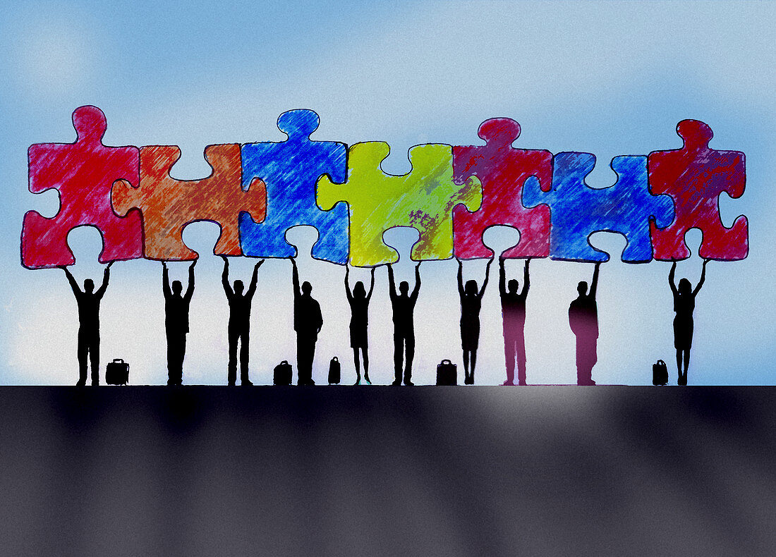 Business people holding jigsaw puzzle pieces, illustration
