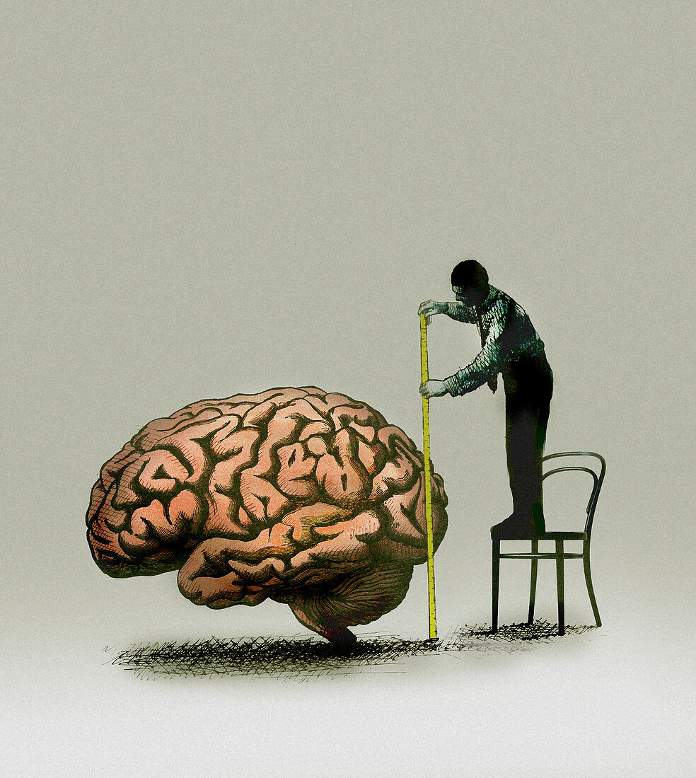 Man standing on chair measuring brain, illustration