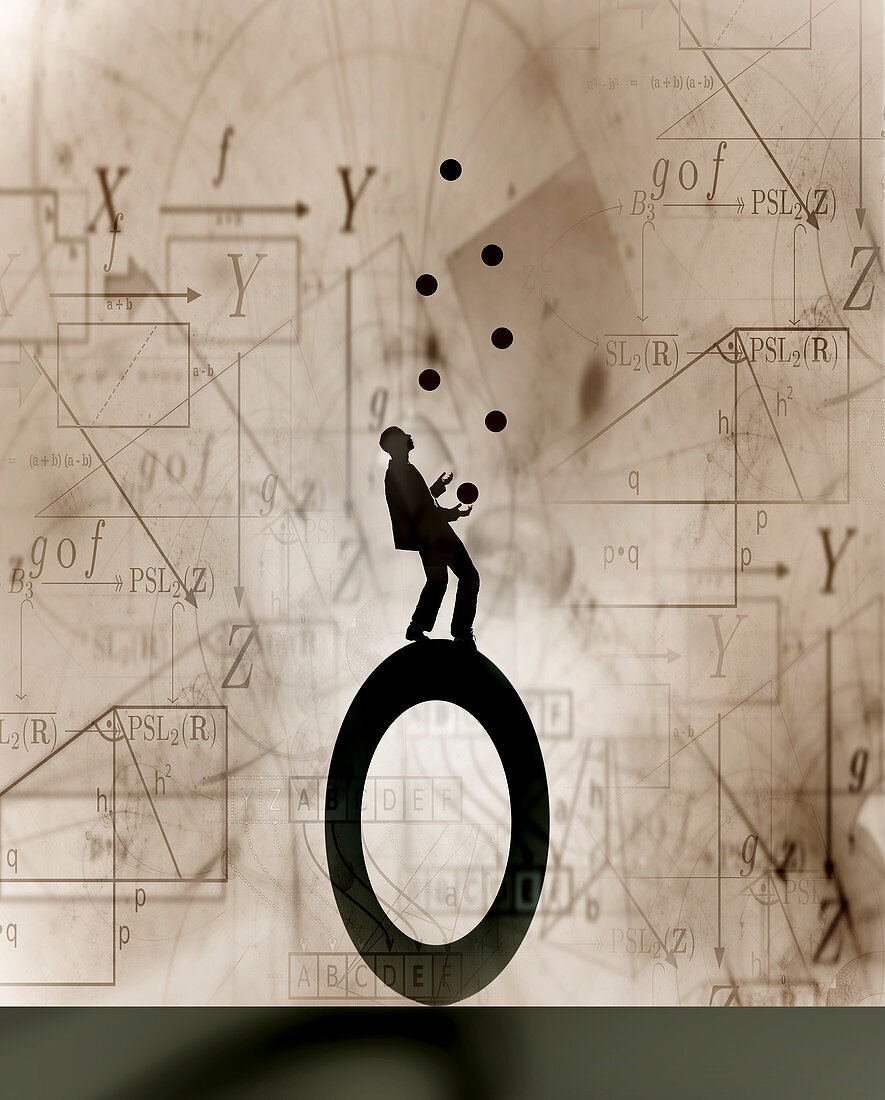 Man balancing on hoop in front of formulae, illustration