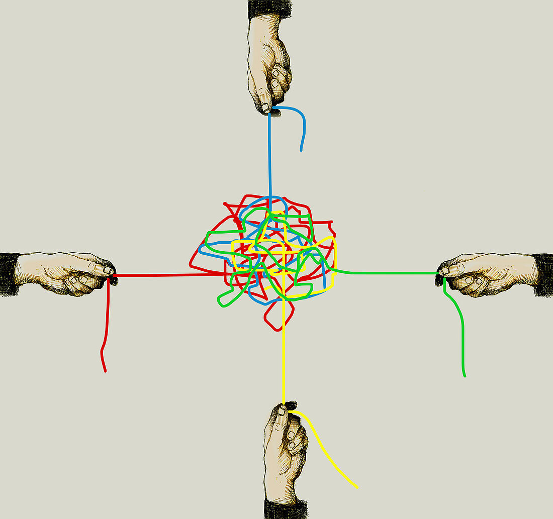 Four hands pulling different strings in knot, illustration
