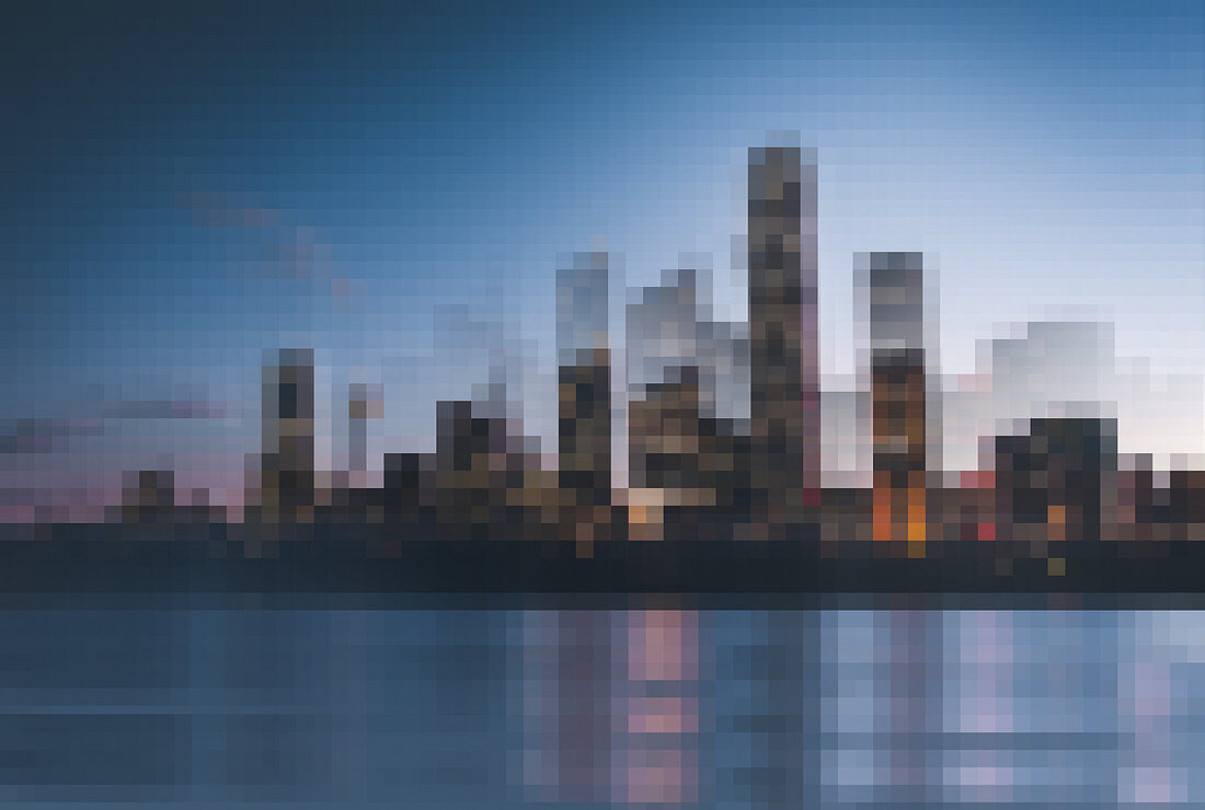 Pixelated cityscape on waterfront, illustration