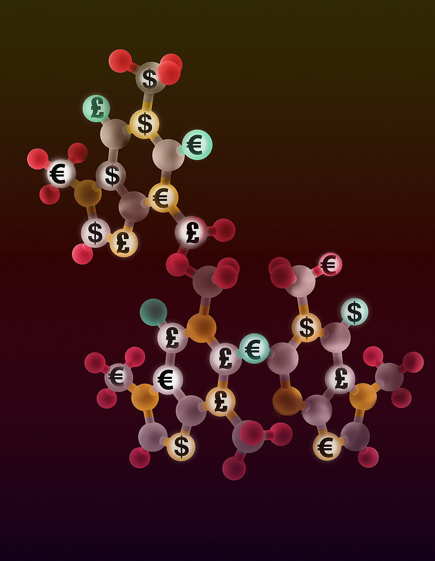 Currency symbols in molecular model, illustration