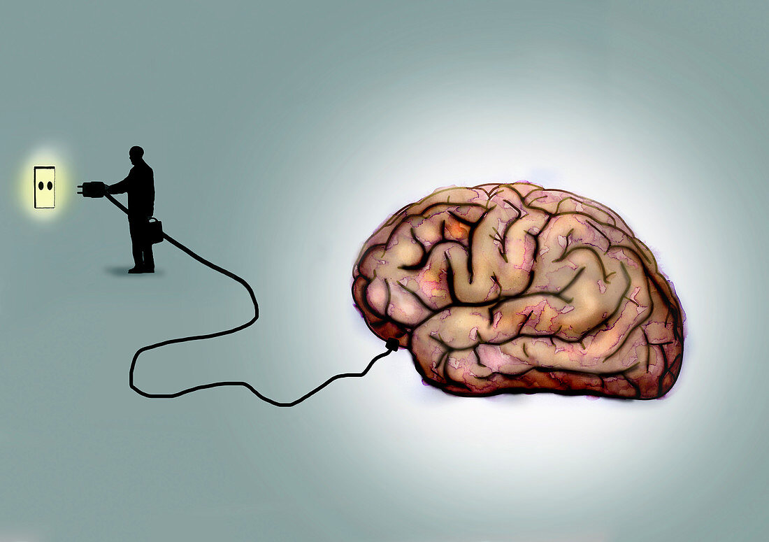 Businessman plugging in large human brain, illustration