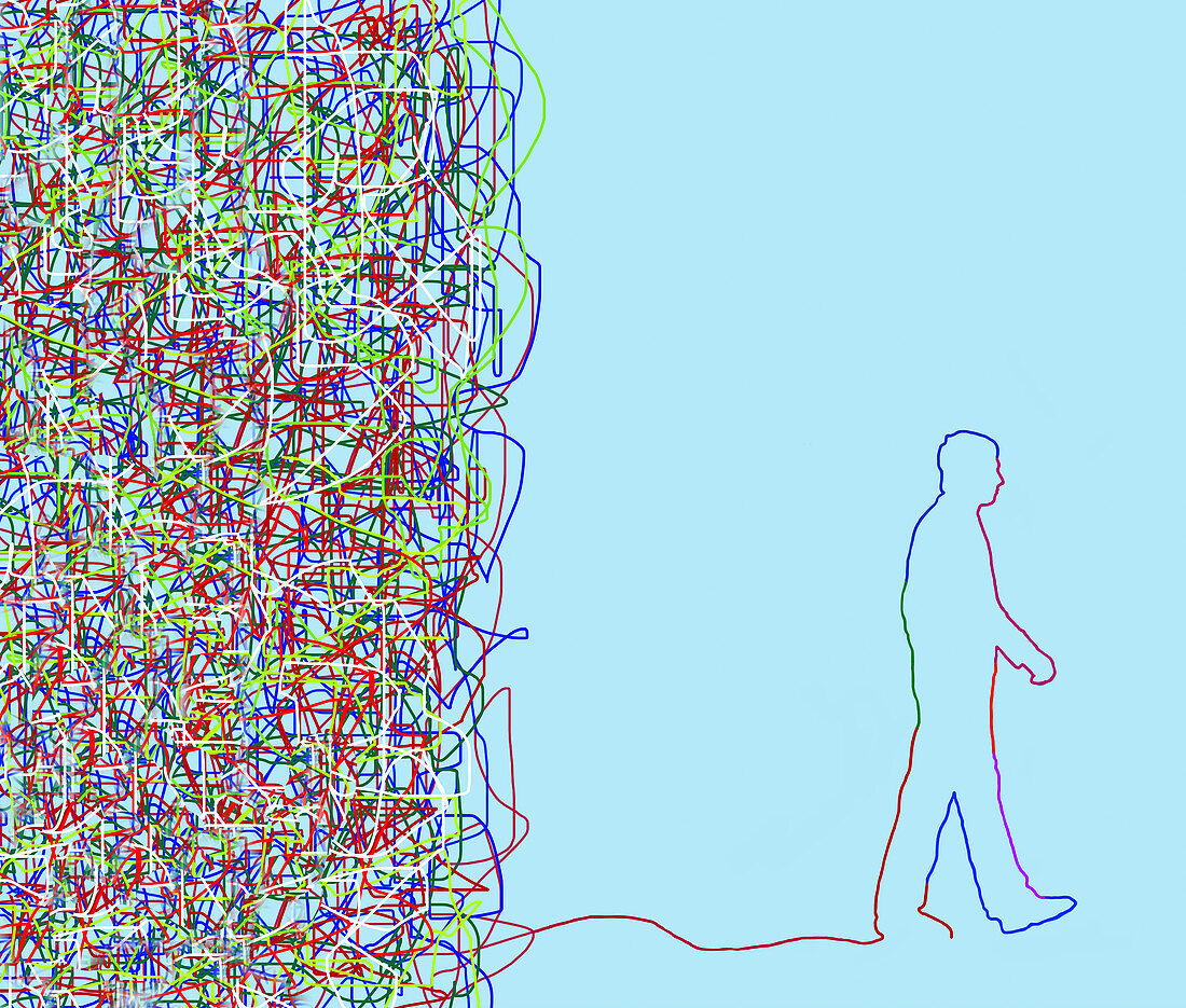 Man walking away from tangled string, illustration