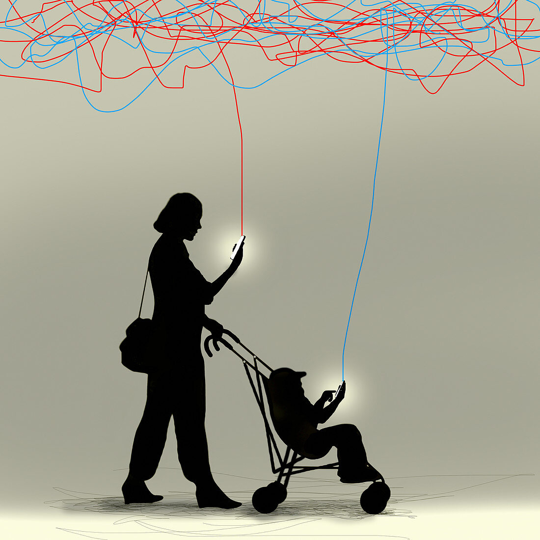 Mother and toddler using smart phones, illustration