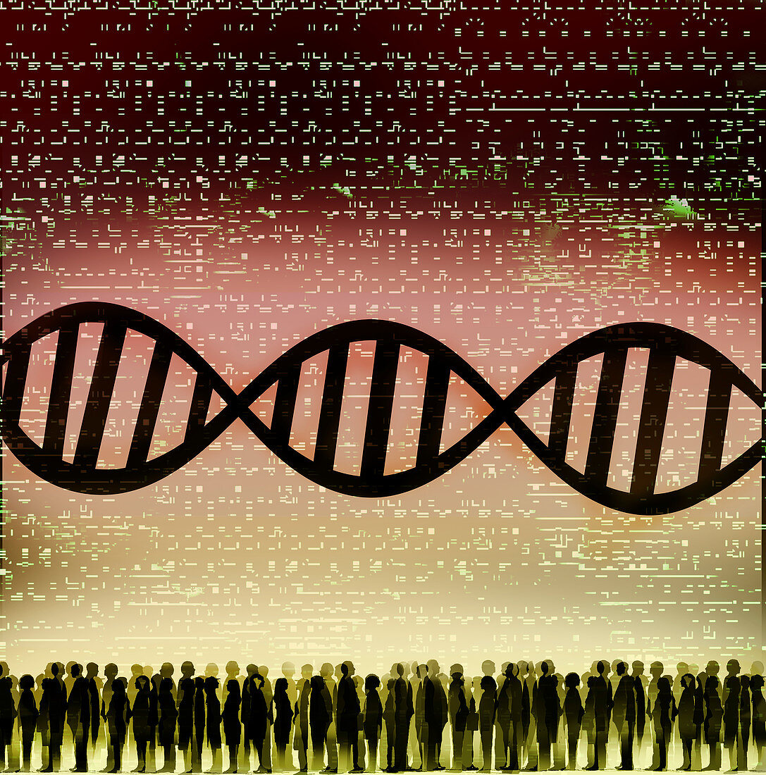 DNA double helix, coding and crowd of people, illustration
