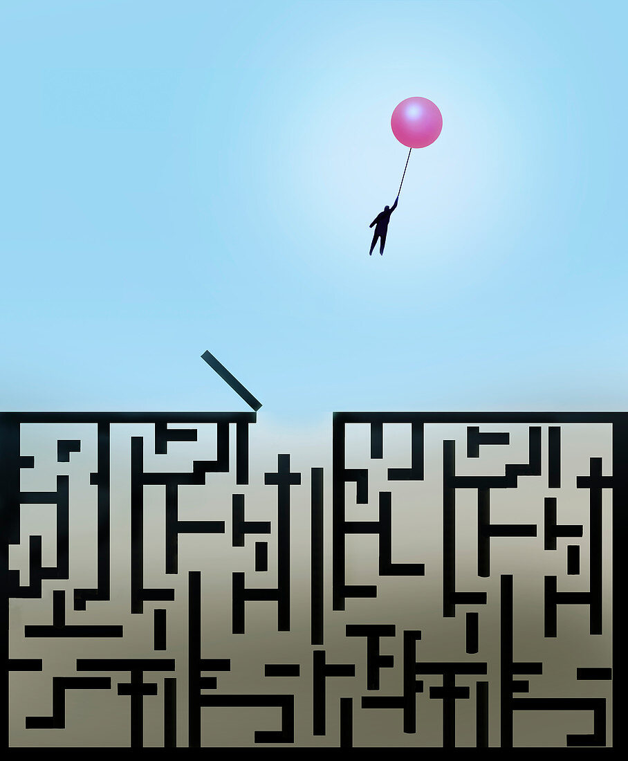 Man escaping from maze holding balloon, illustration