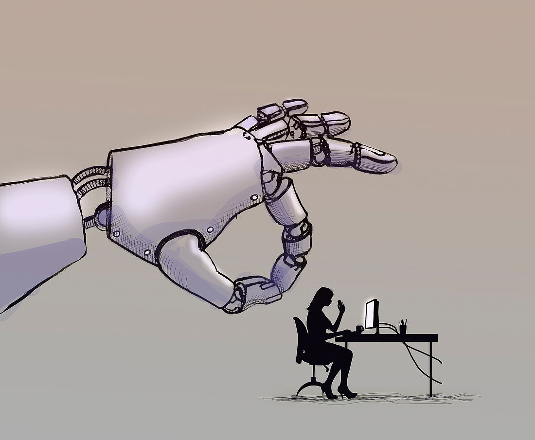 Robotic hand flicking office worker, illustration